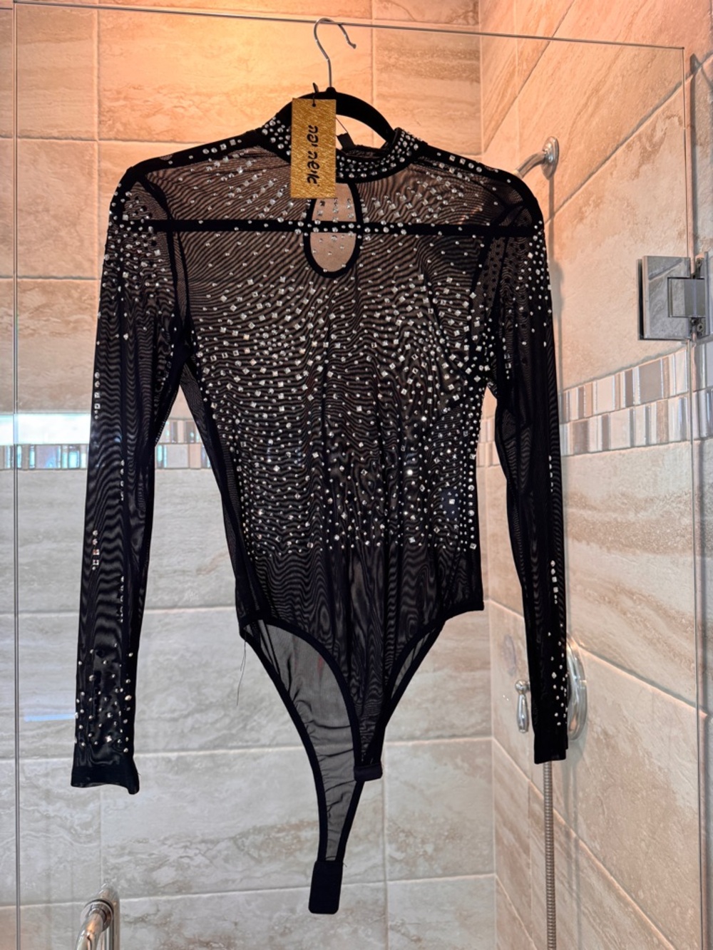 Black Sheer Rhinestone Long Sleeve Bodysuit